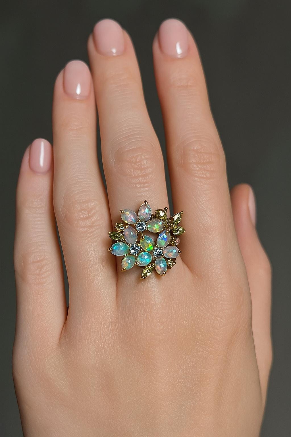 925 Sterling Silver Rainbow Opal Flower Ring, setting detail