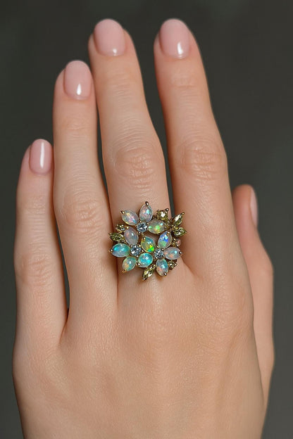 925 Sterling Silver Rainbow Opal Flower Ring, setting detail