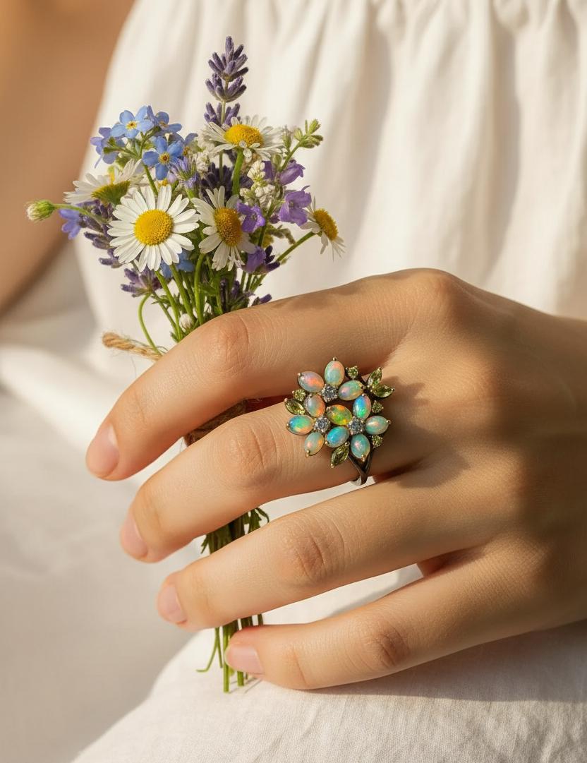 925 Sterling Silver Rainbow Opal Flower Ring, worn look
