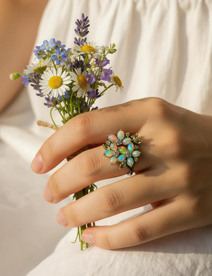 925 Sterling Silver Rainbow Opal Flower Ring, worn look