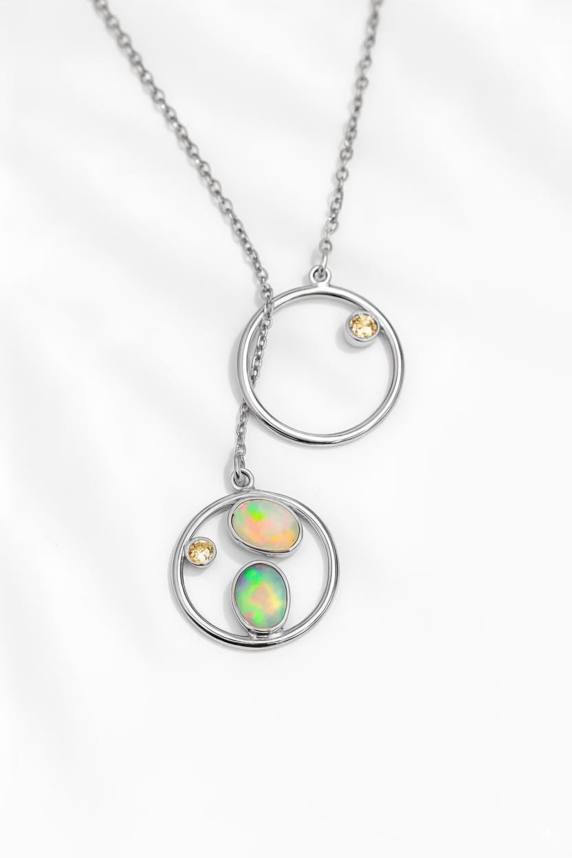 925 Sterling Silver Rainbow Opal Necklace, worn view, image 13