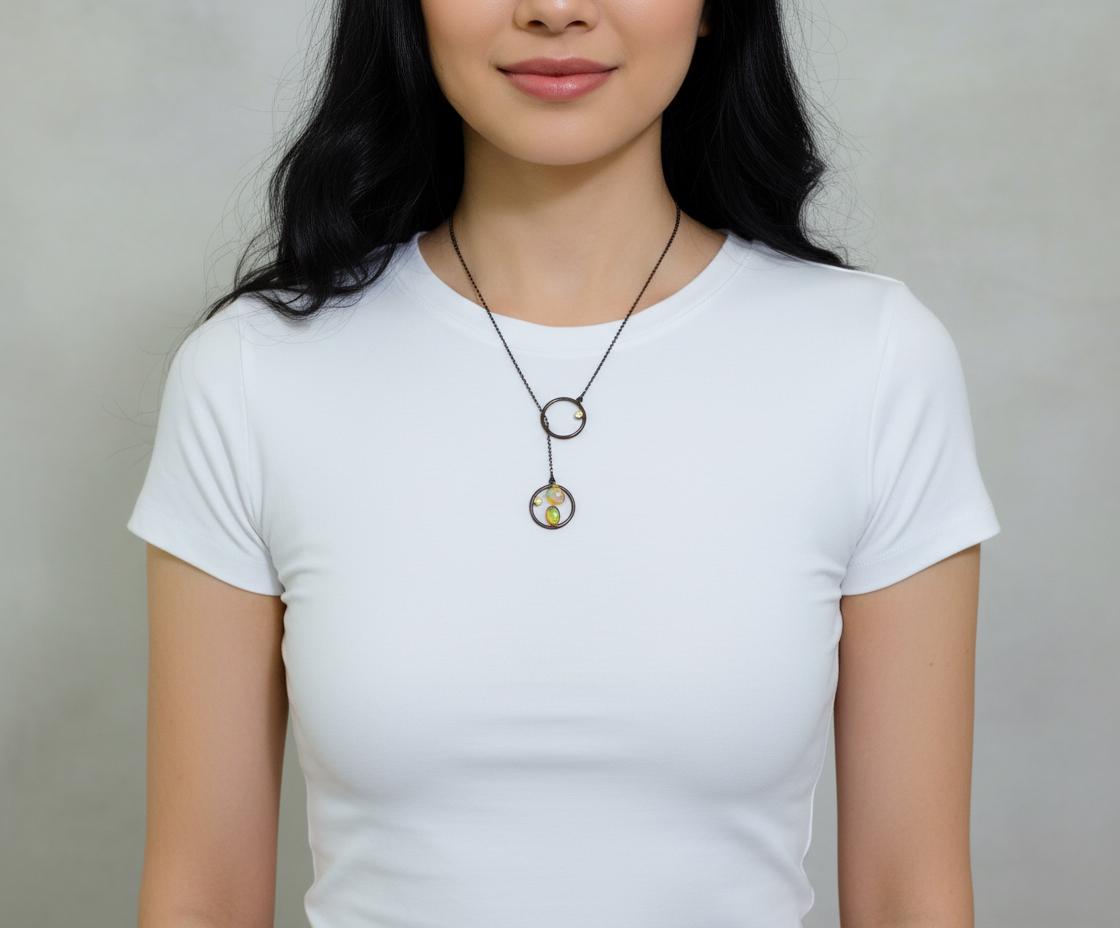 925 Sterling Silver Rainbow Opal Necklace, layered look