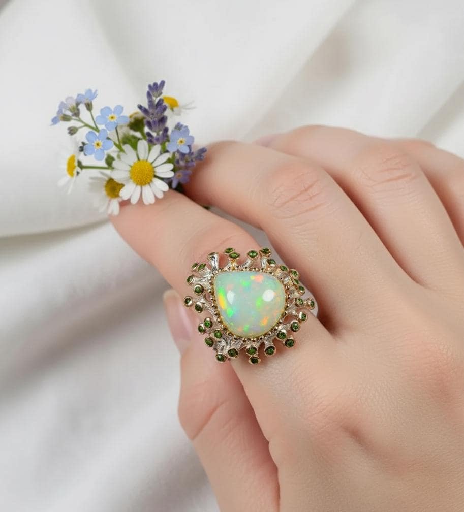 925 Sterling Silver Rainbow Opal Ring, worn on hand