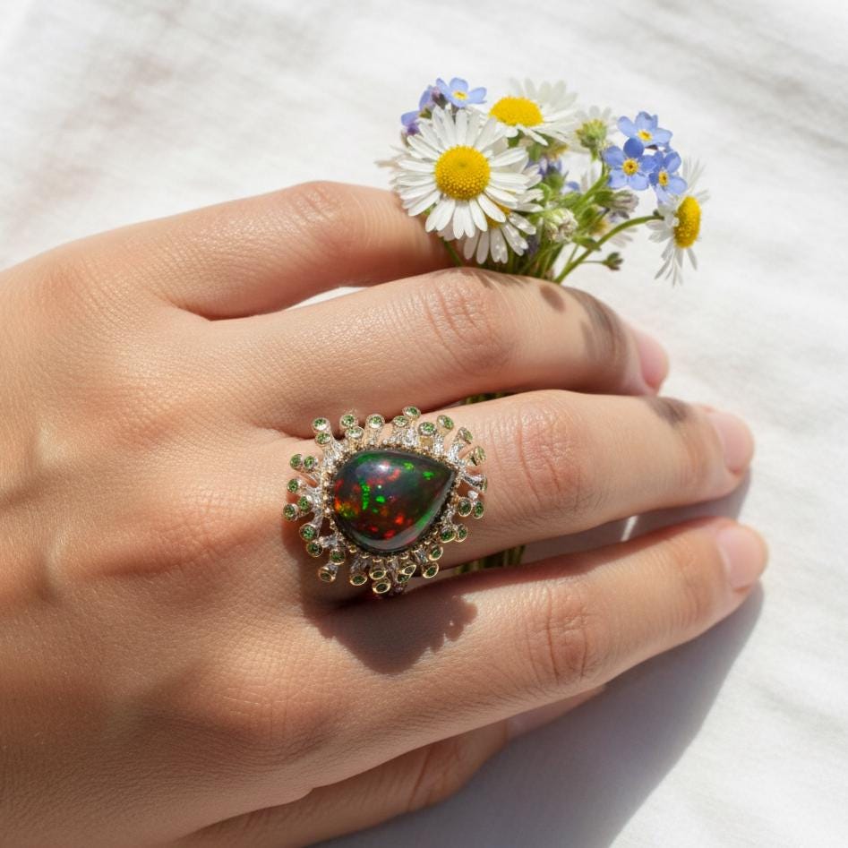 925 Sterling Silver Rainbow Opal Ring, worn look