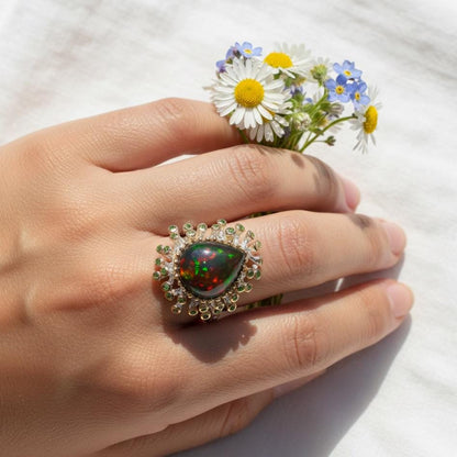 925 Sterling Silver Rainbow Opal Ring, worn look