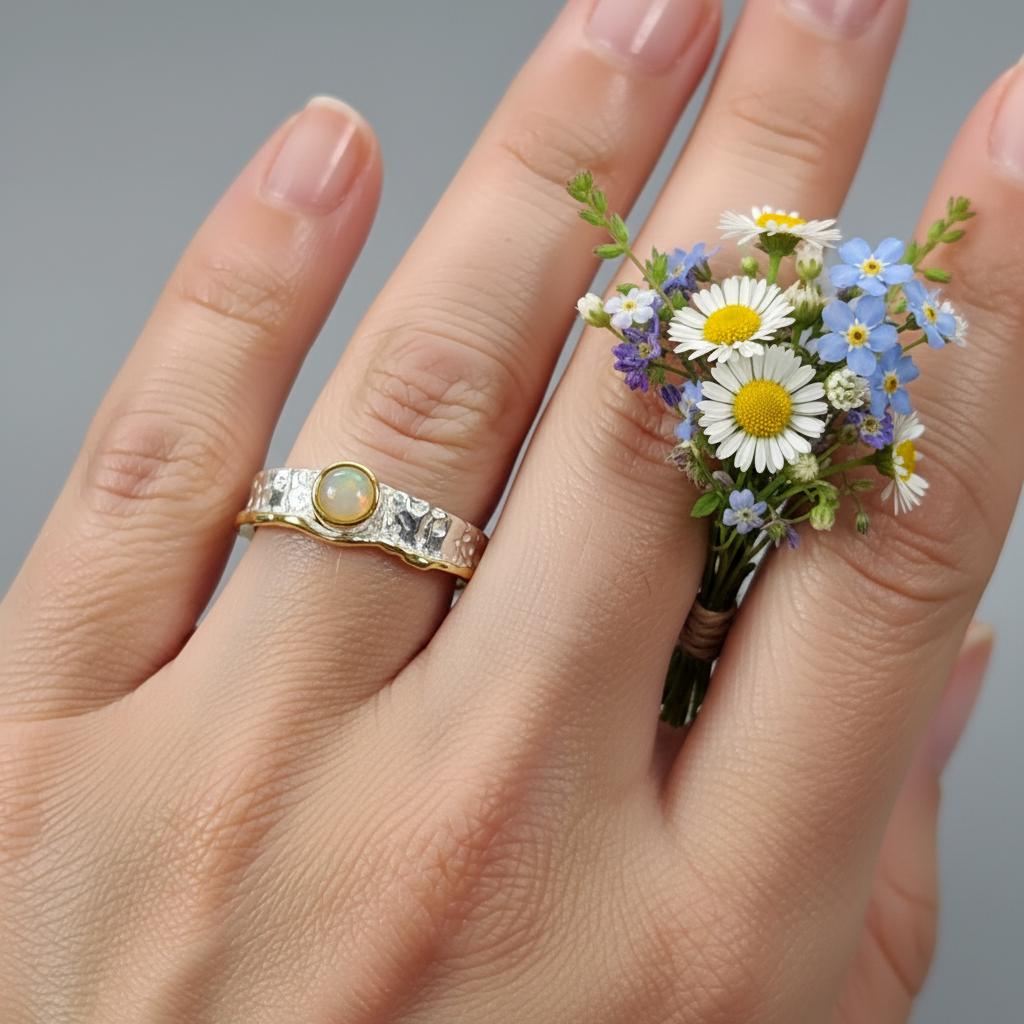 925 Sterling Silver Rainbow Opal Ring, setting detail