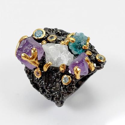 925 Sterling Silver Raw Amethyst Ring, worn on hand