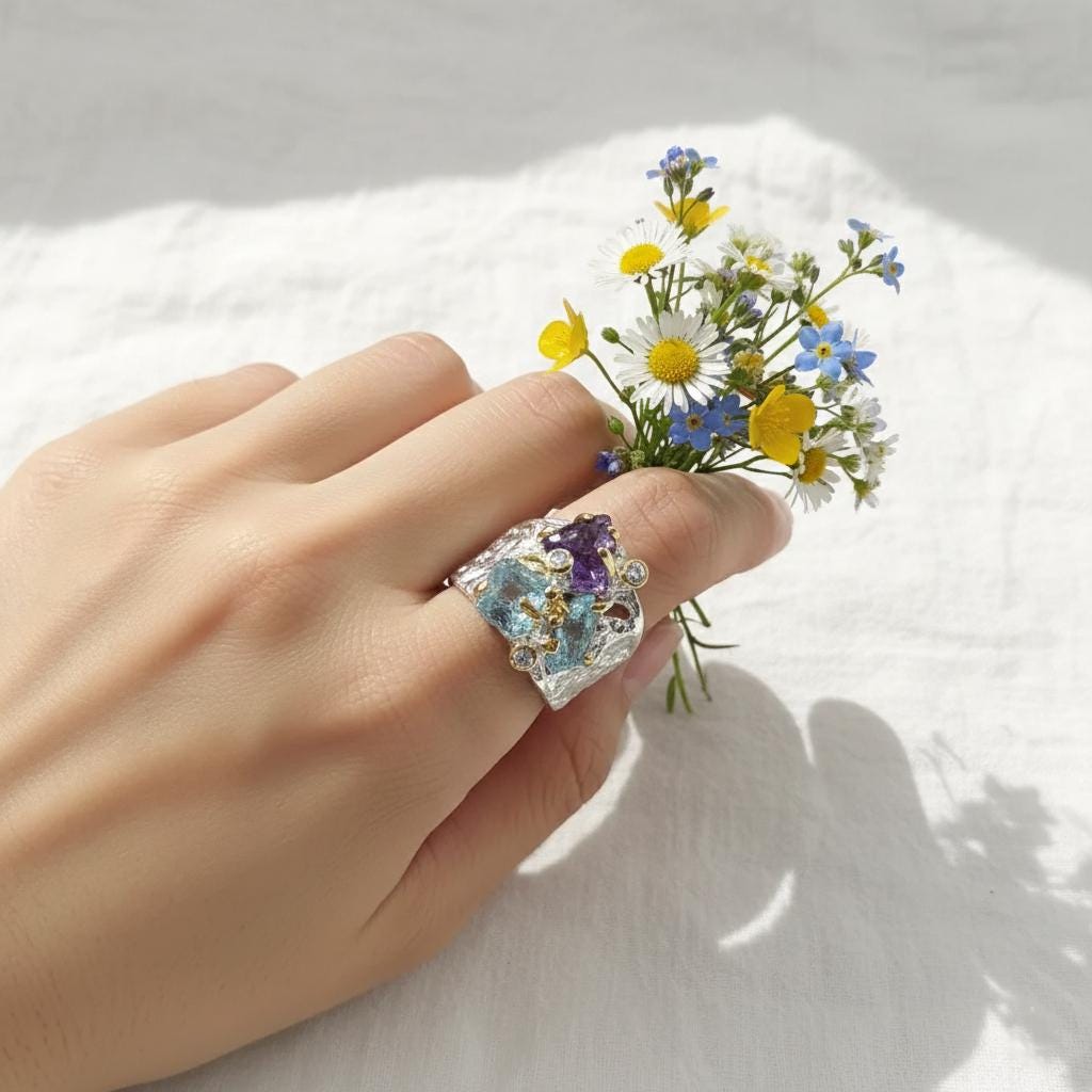 925 Sterling Silver Raw Apatite Amethyst Ring, close-up detail