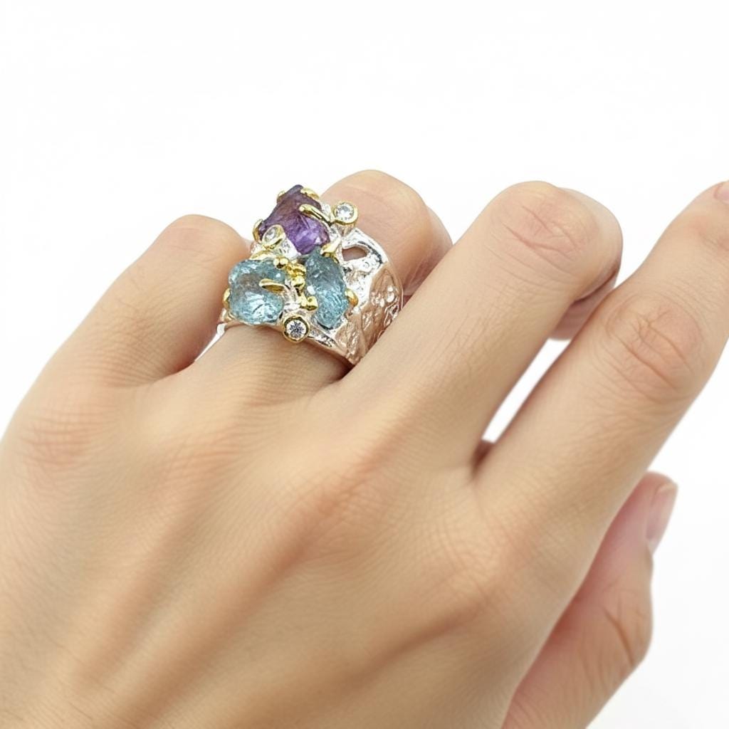 925 Sterling Silver Raw Apatite Amethyst Ring, worn on hand