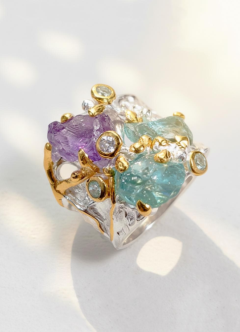 925 Sterling Silver Raw Apatite Amethyst Ring, setting detail