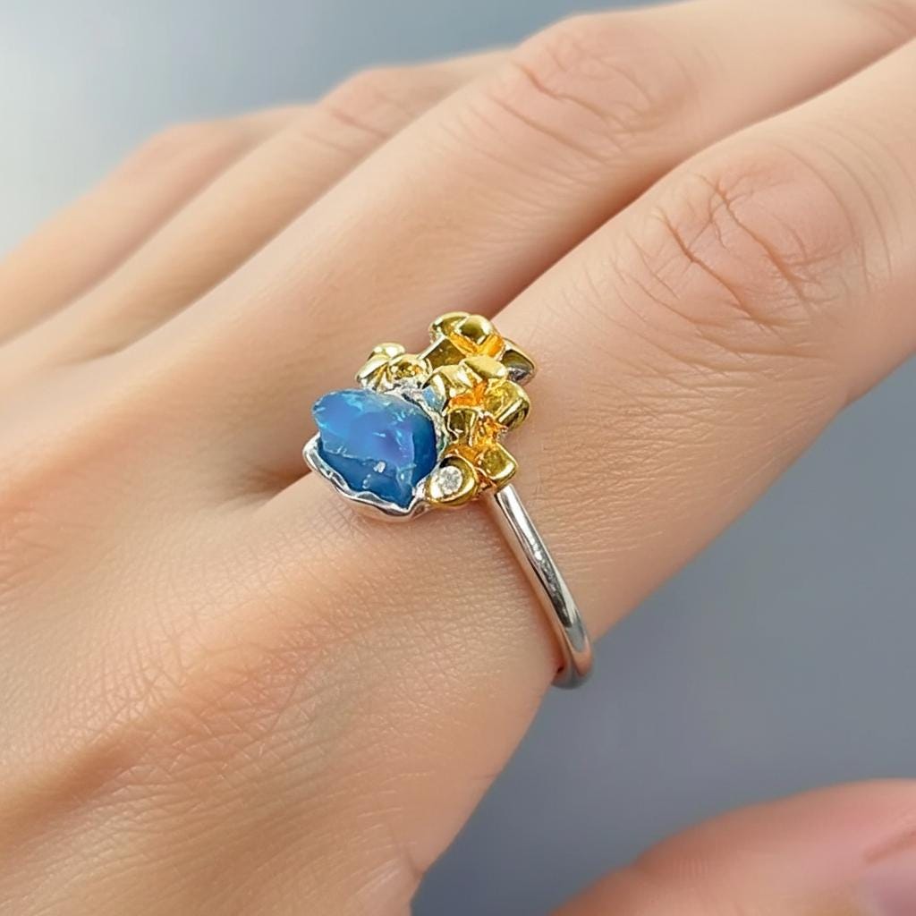 925 Sterling Silver Raw Apatite Ring, side view