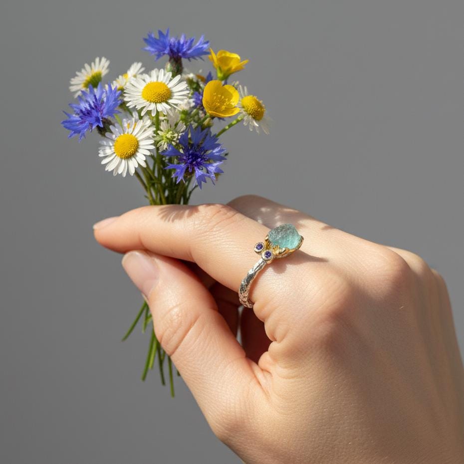 925 Sterling Silver Raw Apatite Ring, alternate angle