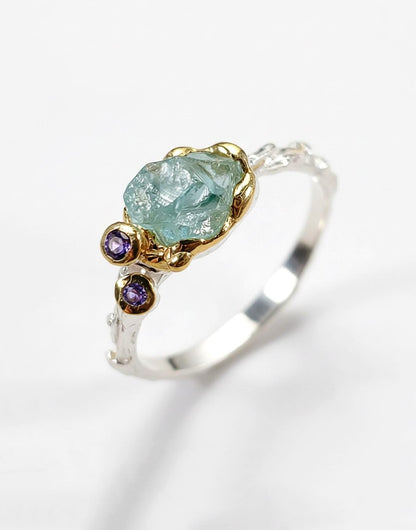925 Sterling Silver Raw Apatite Ring, close-up detail