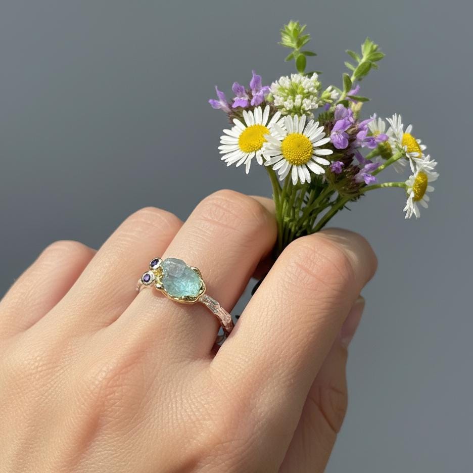 925 Sterling Silver Raw Apatite Ring, side view
