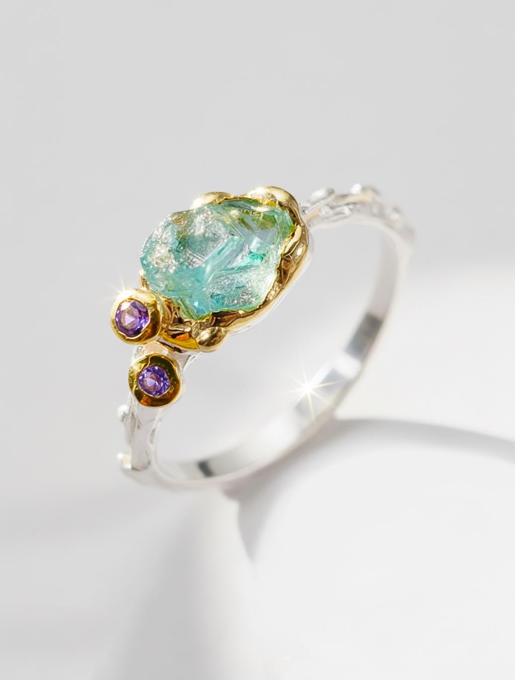 925 Sterling Silver Raw Apatite Ring, worn on hand