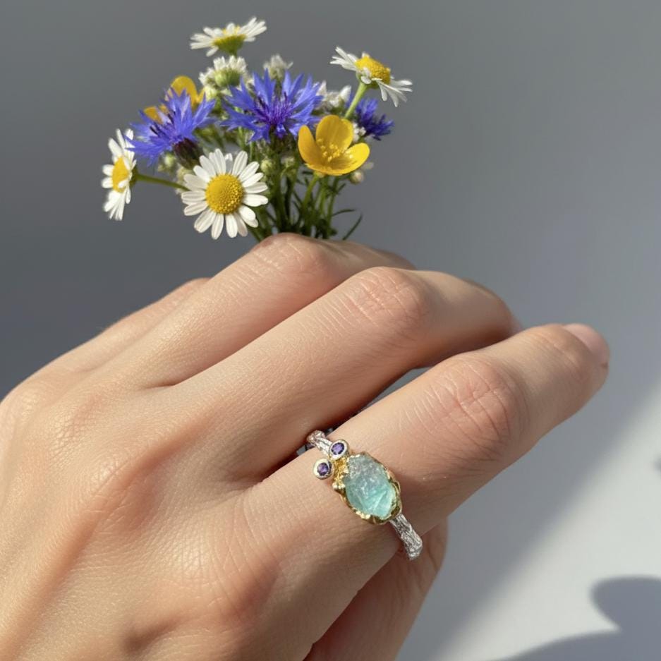 925 Sterling Silver Raw Apatite Ring, setting detail