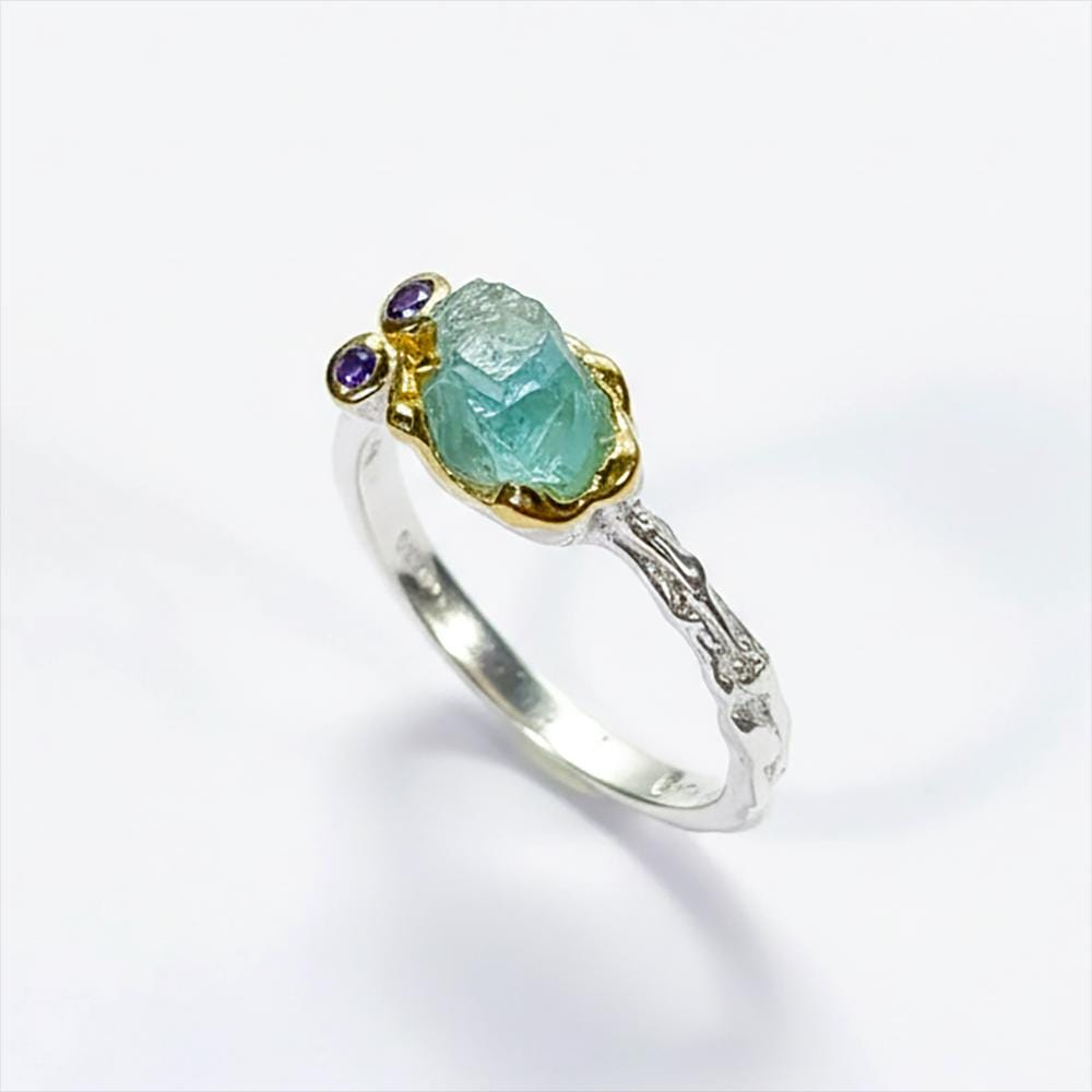 925 Sterling Silver Raw Apatite Ring, worn look