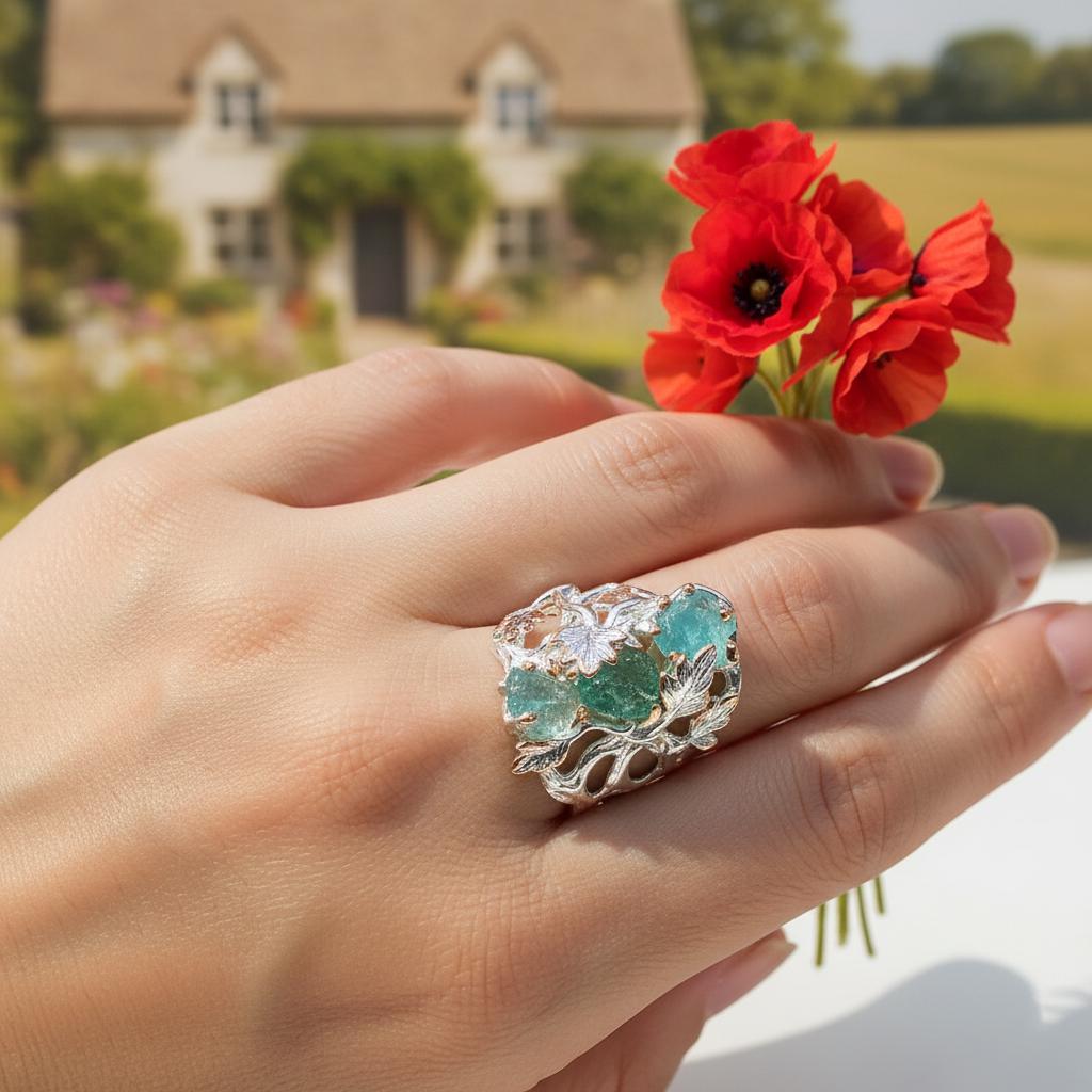 925 Sterling Silver Raw Apatite Ring, worn on hand