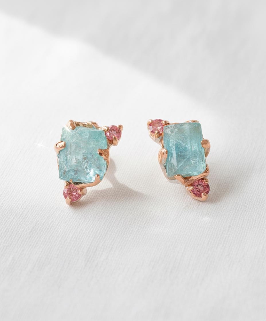 925 Sterling Silver Raw Apatite Stud Earrings, texture close-up