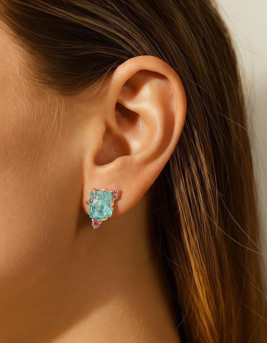 925 Sterling Silver Raw Apatite Stud Earrings, close-up detail