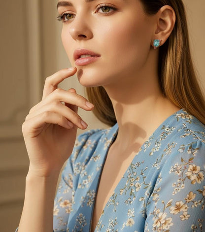 925 Sterling Silver Raw Apatite Stud Earrings, worn view
