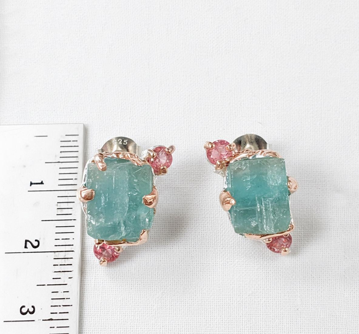 925 Sterling Silver Raw Apatite Stud Earrings, worn look