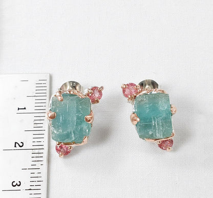 925 Sterling Silver Raw Apatite Stud Earrings, worn look