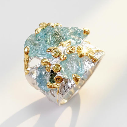 925 Sterling Silver Raw Apatite Ring, close-up detail