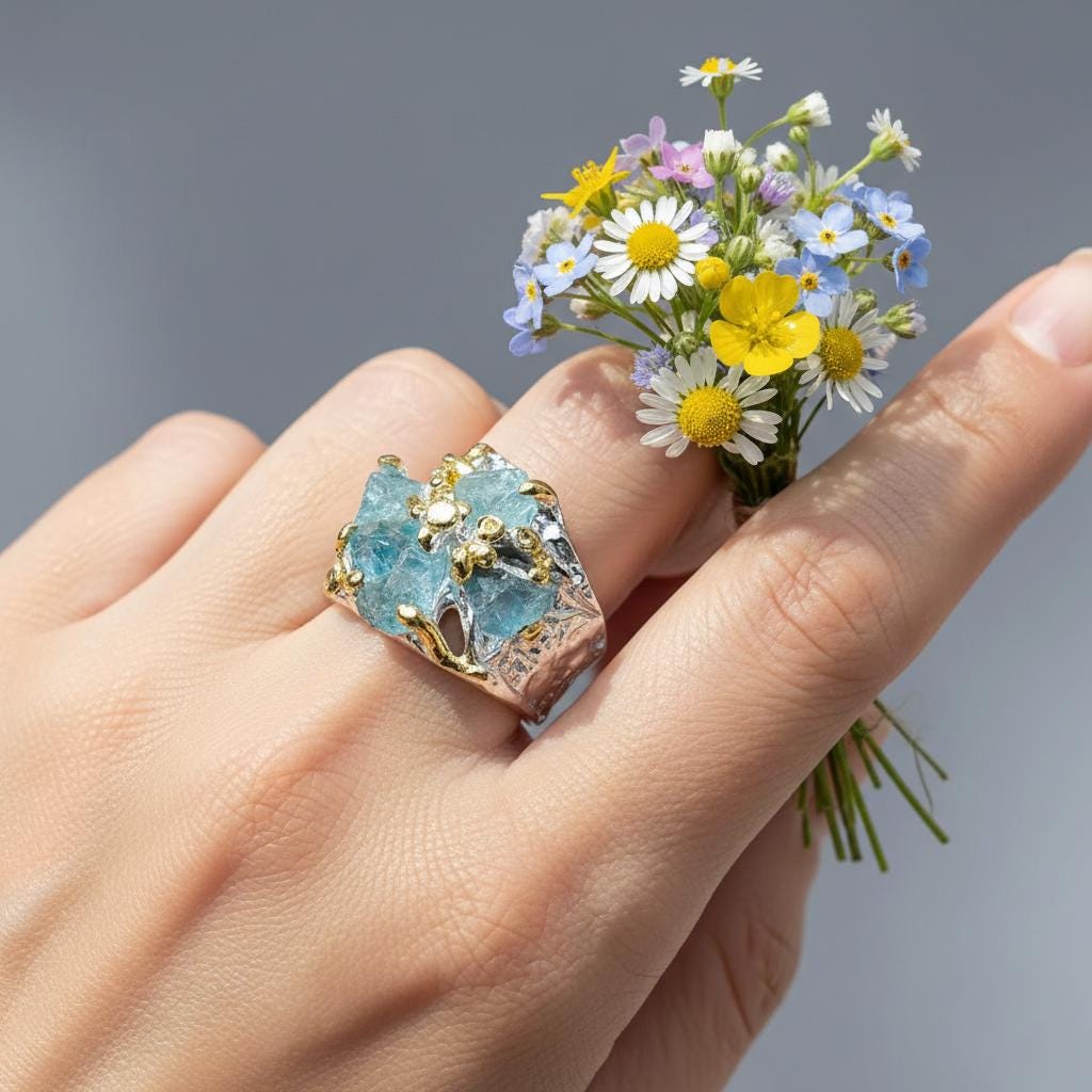 925 Sterling Silver Raw Apatite Ring, side view