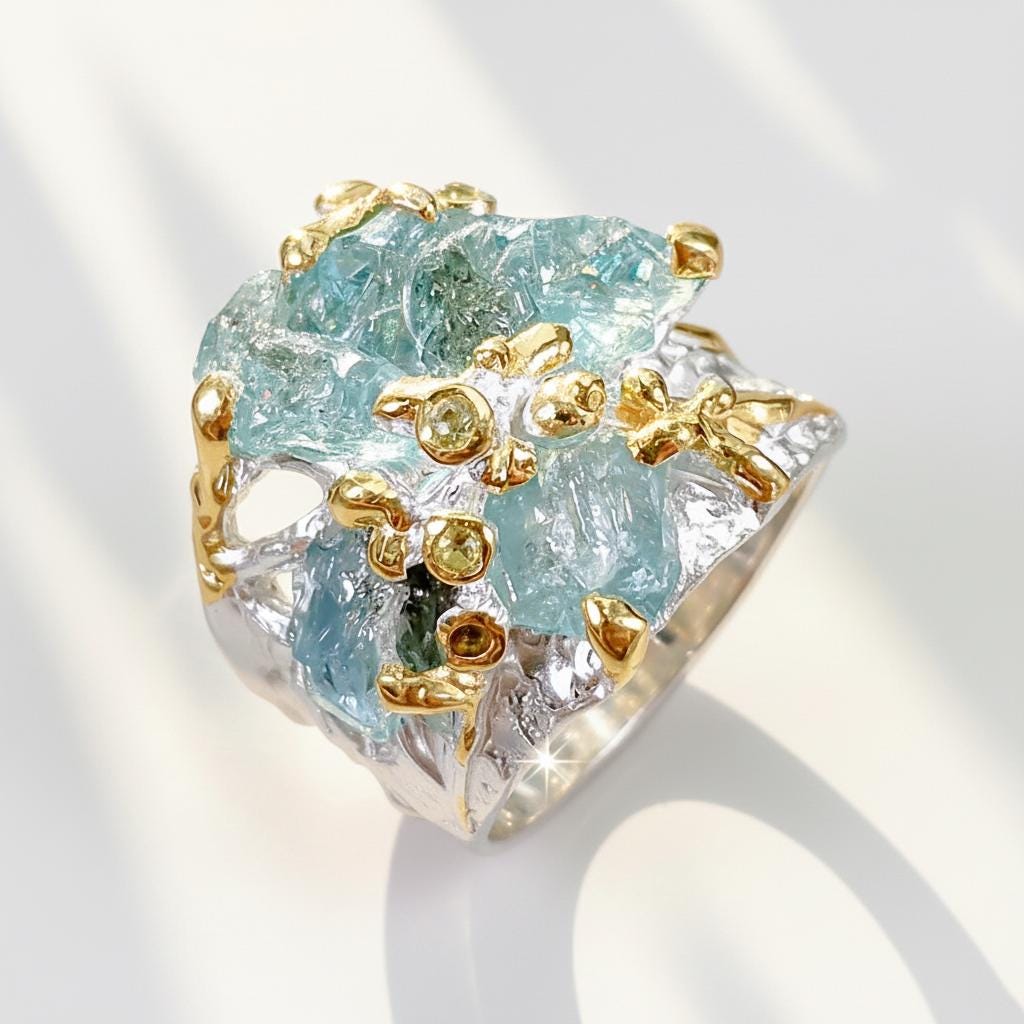 925 Sterling Silver Raw Apatite Ring, worn on hand