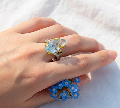 925 Sterling Silver Raw Aquamarine Ring, close-up detail