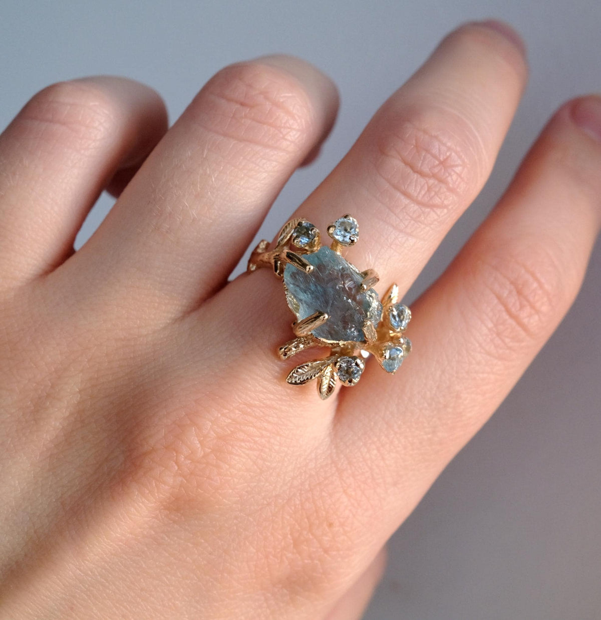 14K Solid Gold Raw Aquamarine Ring, side view