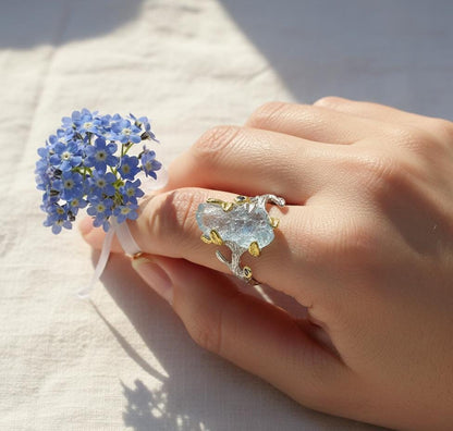 925 Sterling Silver Raw Aquamarine Ring, worn on hand