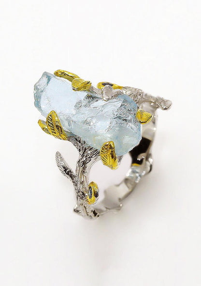 925 Sterling Silver Raw Aquamarine Ring, setting detail