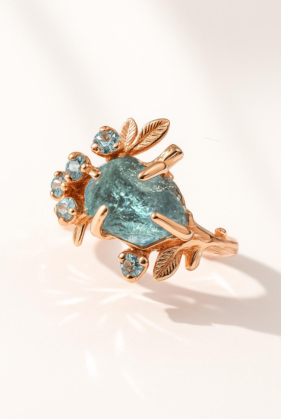 14K Solid Gold Raw Aquamarine Ring, worn look