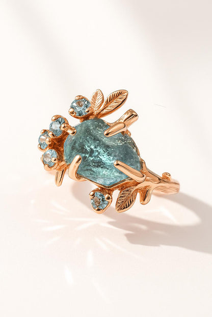 14K Solid Gold Raw Aquamarine Ring, worn look