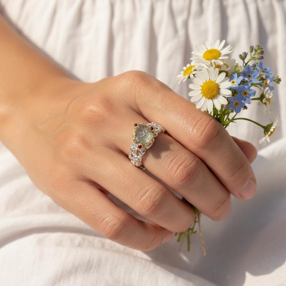 925 Sterling Silver Raw Aquamarine Ring, close-up detail