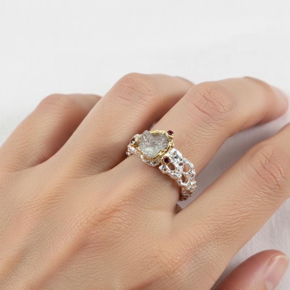 925 Sterling Silver Raw Aquamarine Ring, side view