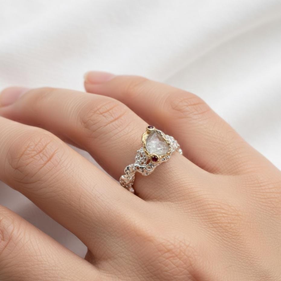 925 Sterling Silver Raw Aquamarine Ring, worn on hand