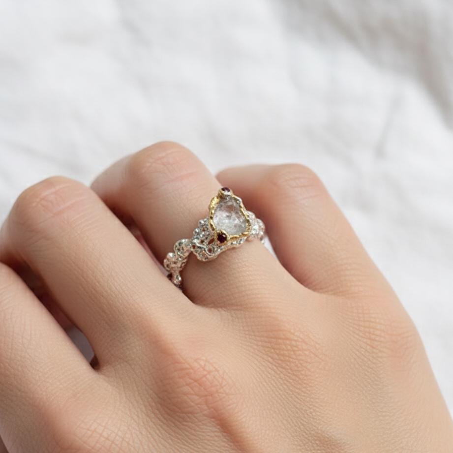 925 Sterling Silver Raw Aquamarine Ring, setting detail