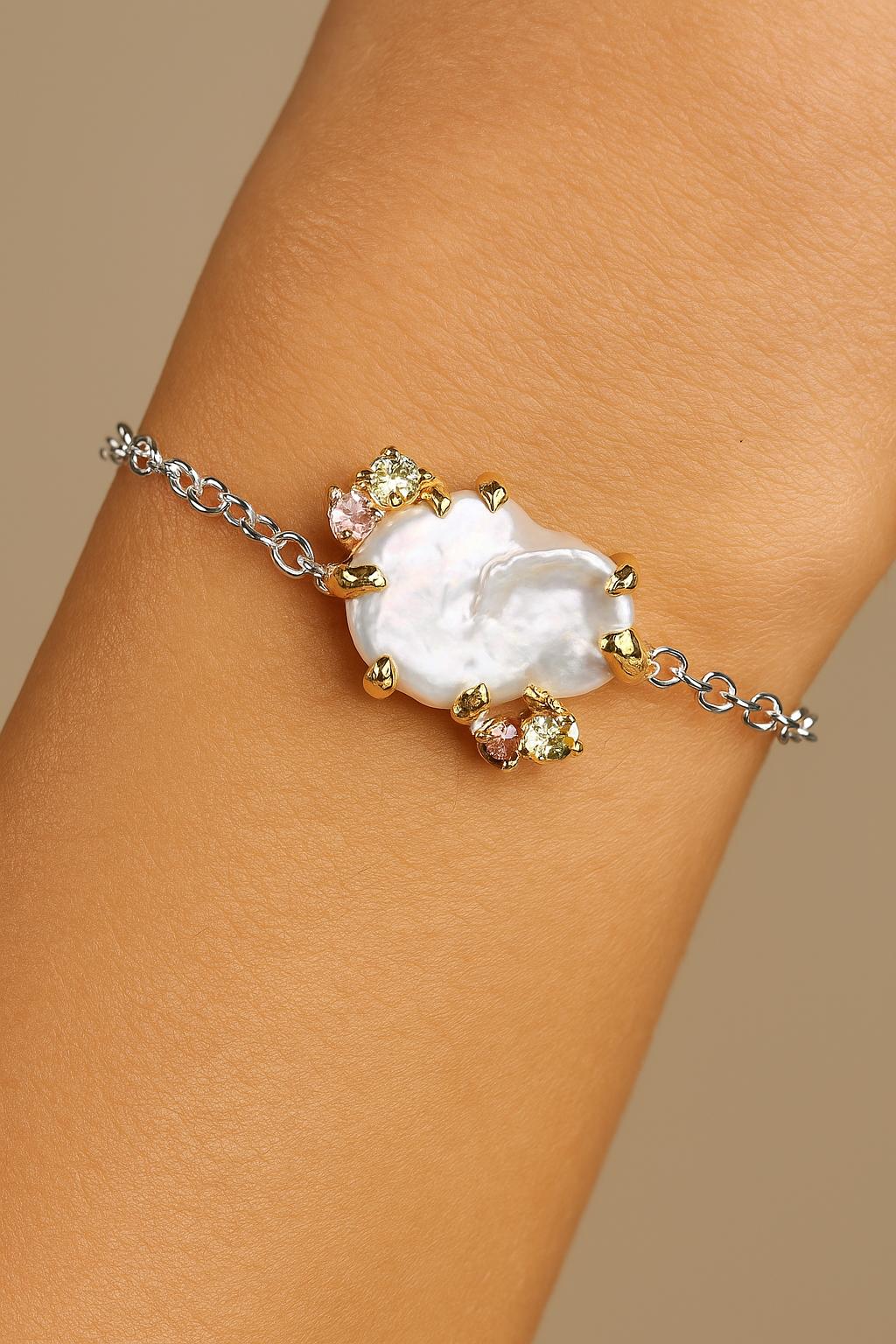 925 Sterling Silver Pearl Bracelet, alternate angle