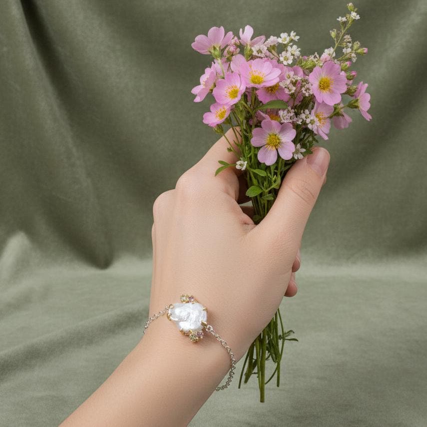 925 Sterling Silver Pearl Bracelet, worn on wrist