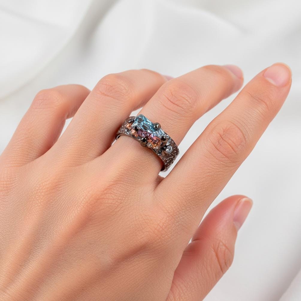 925 Sterling Silver Raw Bismuth Ring, close-up detail