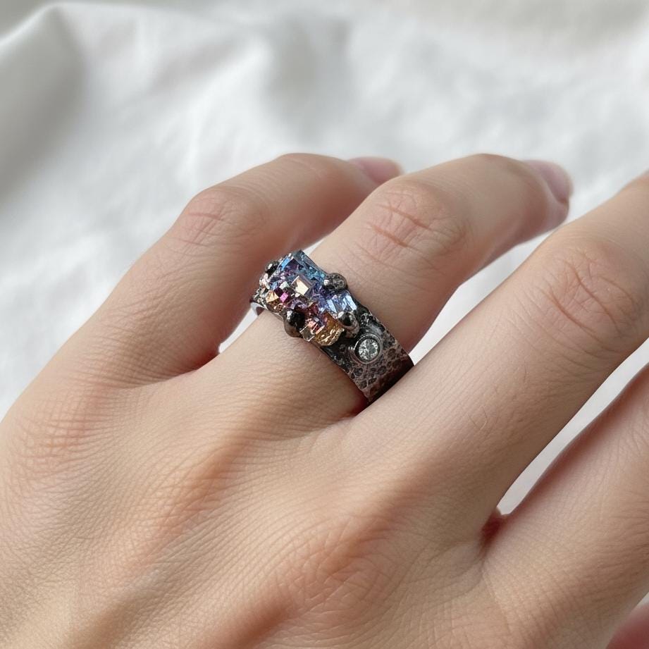 925 Sterling Silver Raw Bismuth Ring, side view
