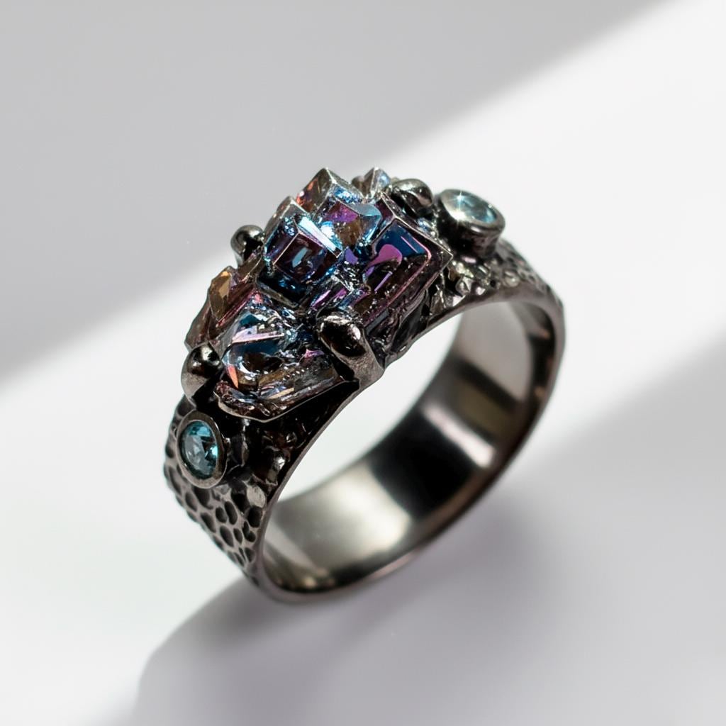 925 Sterling Silver Raw Bismuth Ring, worn on hand