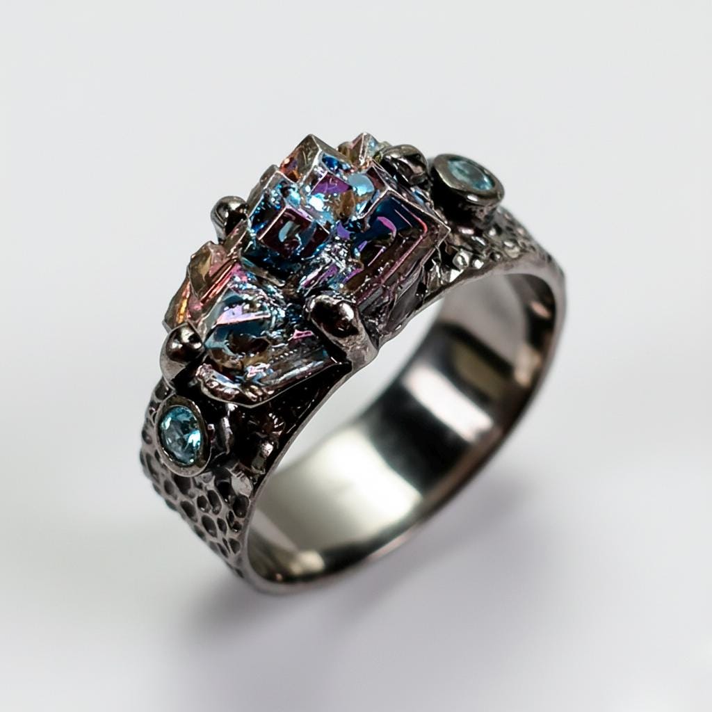 925 Sterling Silver Raw Bismuth Ring, setting detail