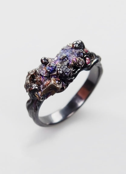 925 Sterling Silver Raw Bismuth Ring, worn on hand
