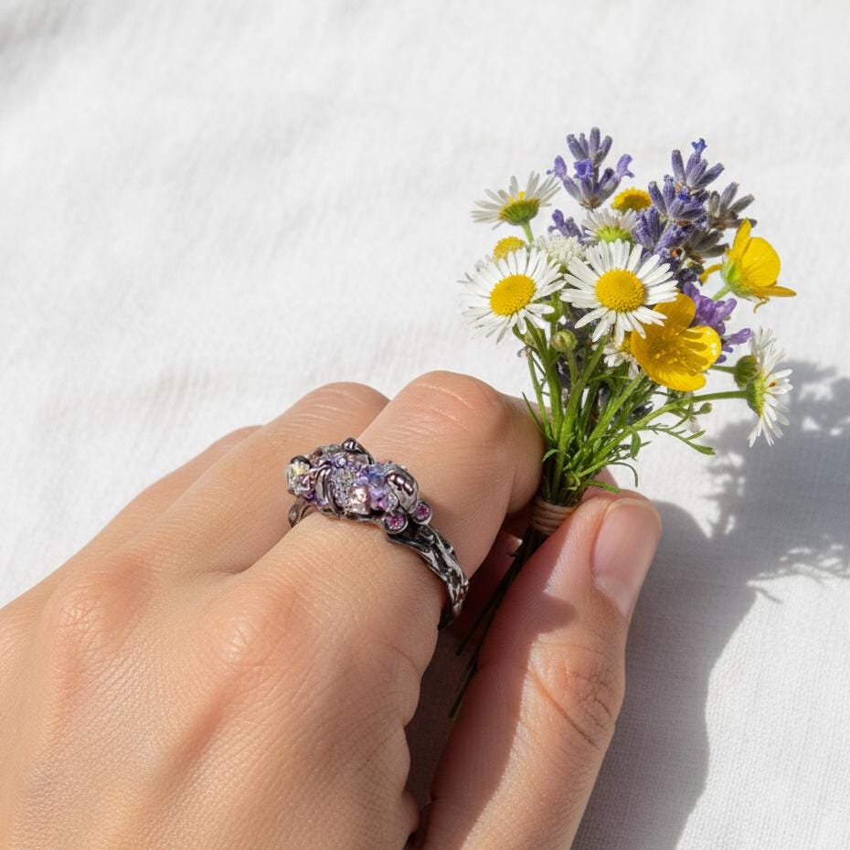 925 Sterling Silver Raw Bismuth Ring, setting detail