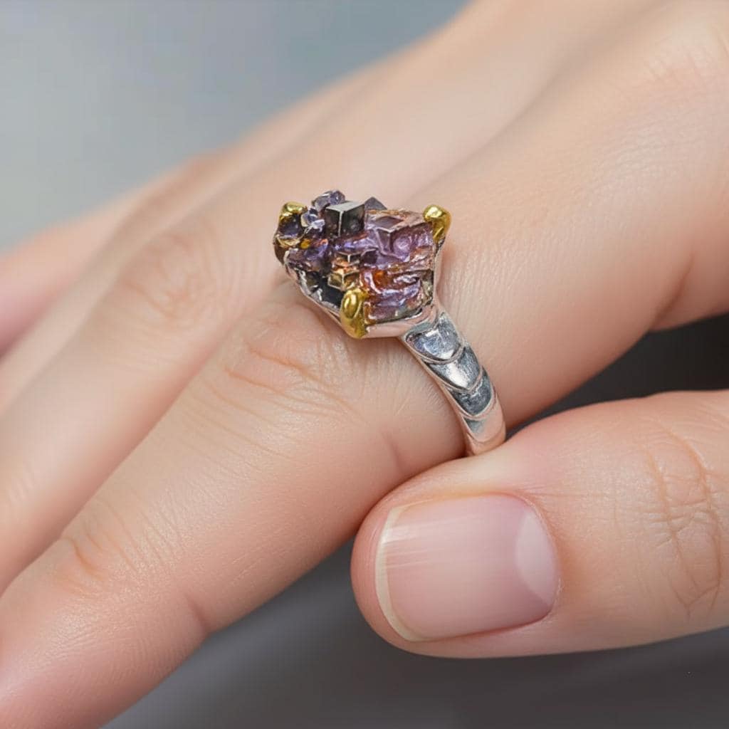 925 Sterling Silver Raw Bismuth Ring, worn on hand