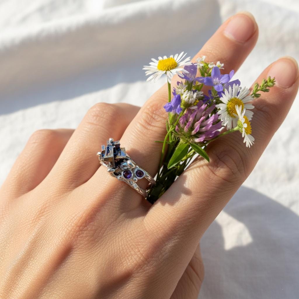 925 Sterling Silver Raw Bismuth Ring, alternate angle